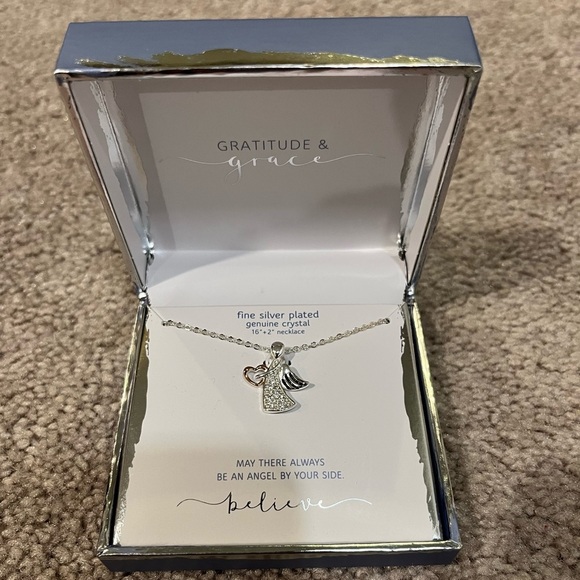 Gratitude & Grace Fine Silver Plated Genuine Crystal Angel Necklace - Picture 1 of 5